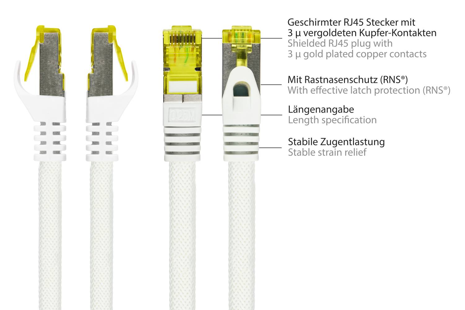 kabelmeister® RJ45 Patchkabel mit Cat. 7 Rohkabel, Rastnasenschutz (RNS®) und Nylongeflecht,halogenfrei, 500MHz,weiß, 1m