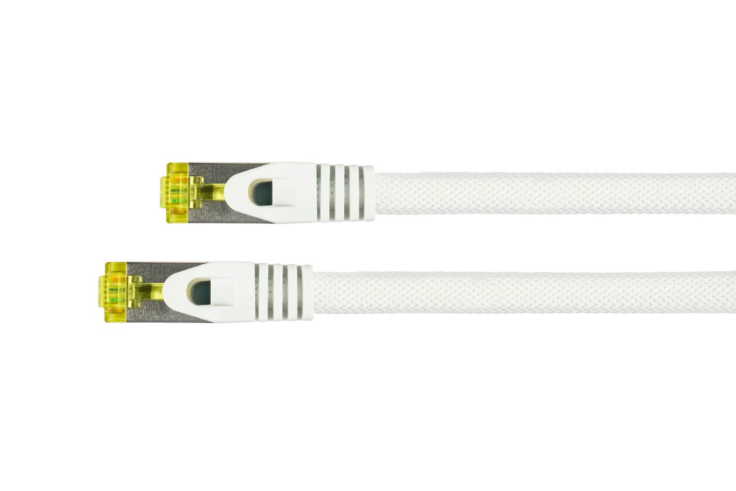 kabelmeister® RJ45 Patchkabel mit Cat. 7 Rohkabel, Rastnasenschutz(RNS®) und Nylongeflecht,halogenfrei,500MHz,weiß, 1,5m