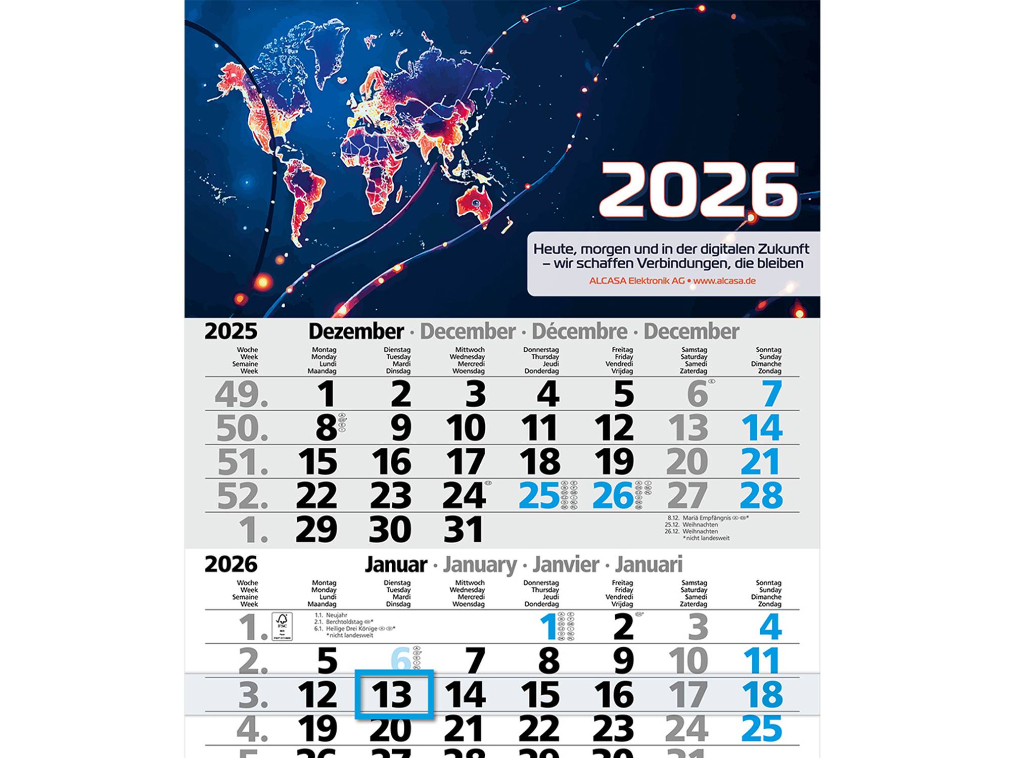 4-Monatskalender 2026, 30cm x 59cm mit Wochenzählung und Datumsschieber