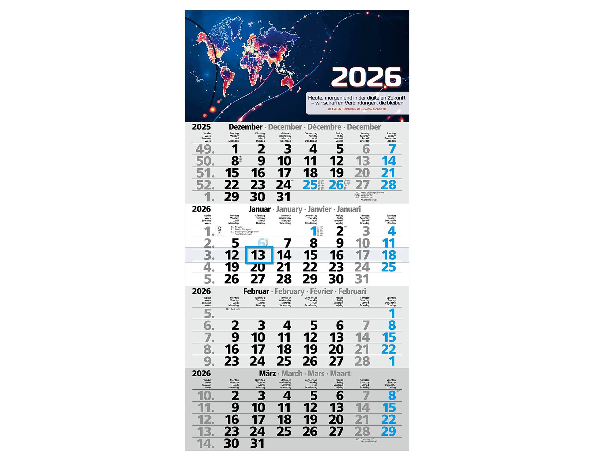 4-Monatskalender 2026, 30cm x 59cm mit Wochenzählung und Datumsschieber