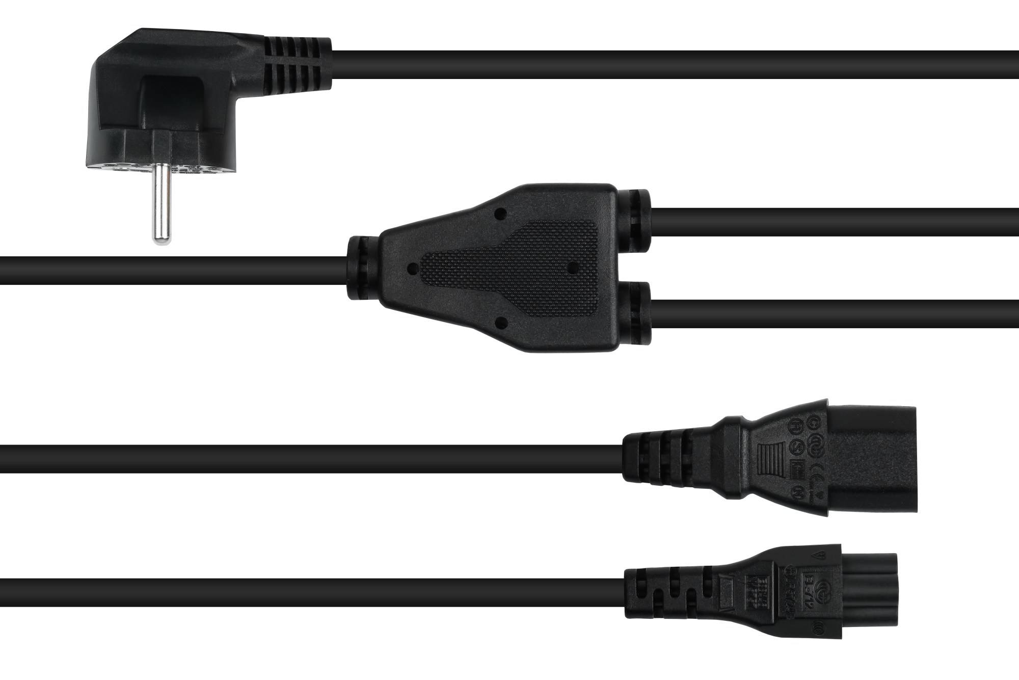 kabelmeister® Y-Netzkabel Schutzkontakt-Stecker Typ E+F (90° gew.) an Buchse C13 und Buchse C5, schwarz, 2m