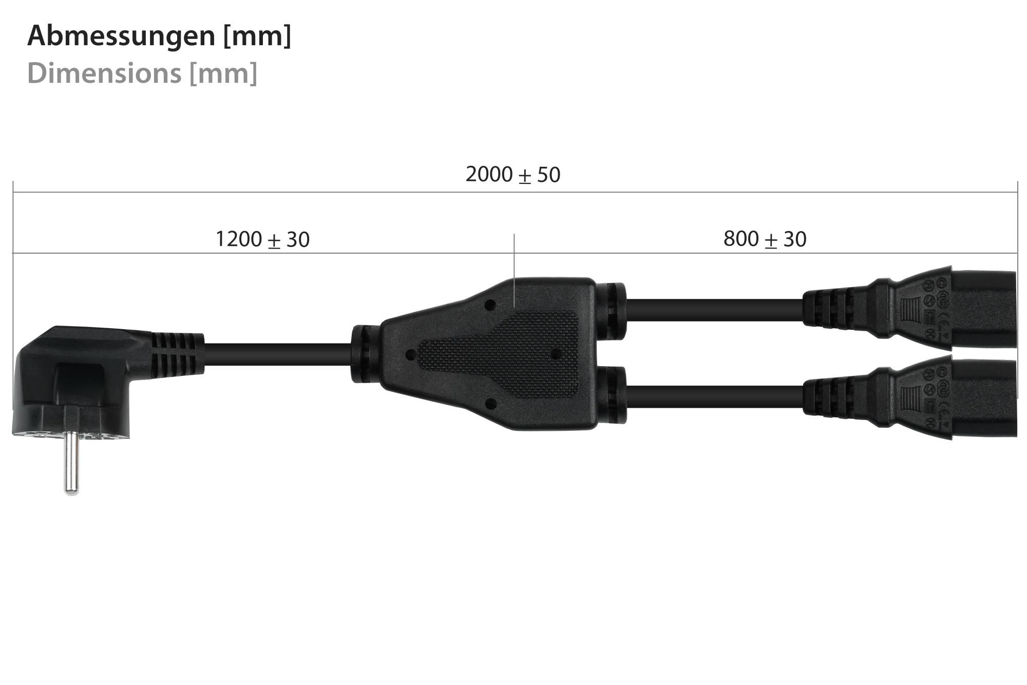 kabelmeister® Y-Netzkabel Schutzkontakt-Stecker Typ E+F (CEE 7/7, gewinkelt) an 2x Buchse C13, schwarz, 2m