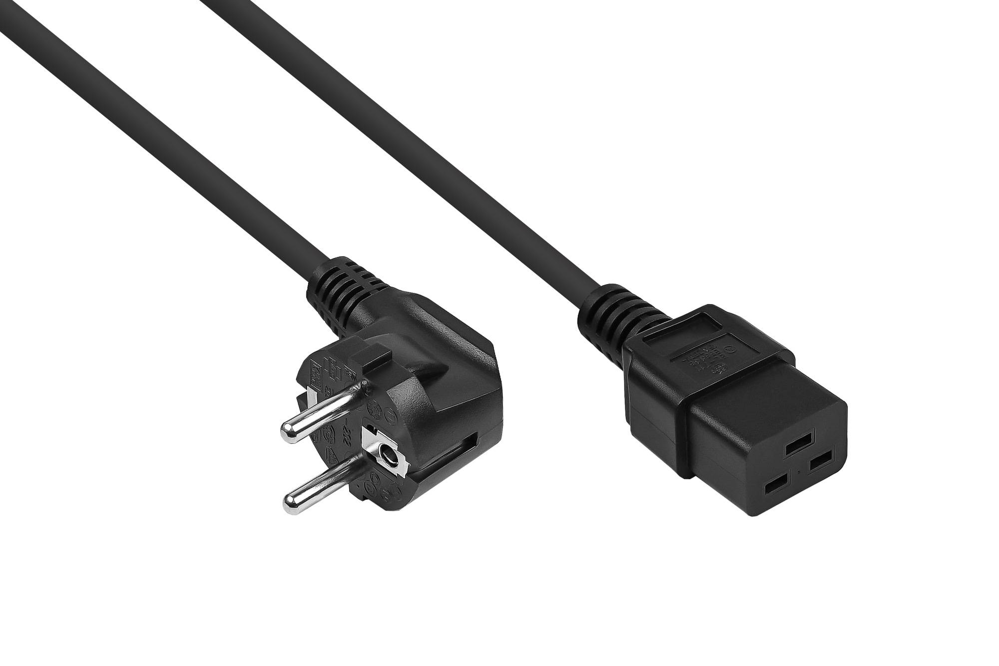 kabelmeister® Netzkabel Schutzkontakt-Stecker Typ E+F (90° gew.) an Kaltgeräte-Buchse C19, schwarz, 1,50mm², 3m