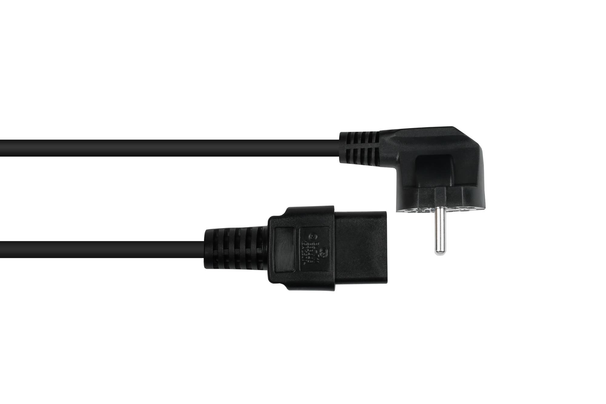 kabelmeister® Netzkabel Schutzkontakt-Stecker Typ E+F (90° gew.) an Kaltgeräte-Buchse C19, schwarz, 1,50mm², 3m