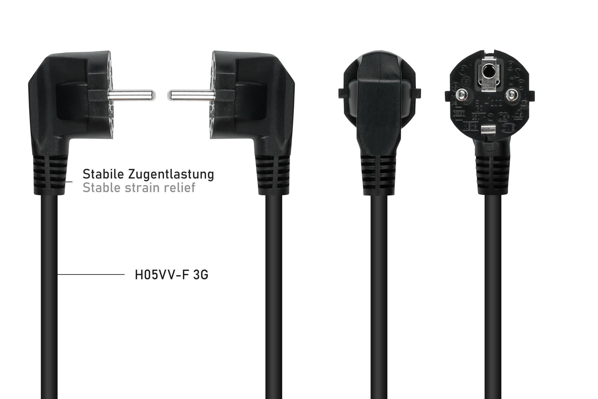 kabelmeister® Netzkabel Schutzkontakt-Stecker Typ E+F (90° gew.) an Kaltgeräte-Buchse C19, schwarz, 1,50mm², 3m