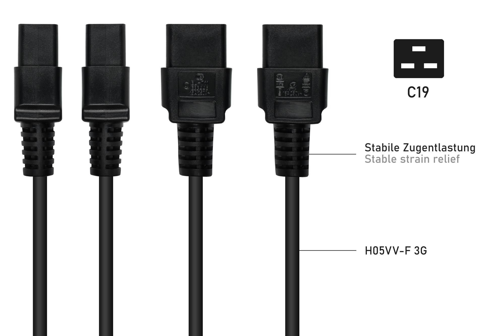 kabelmeister® Netzkabel Schutzkontakt-Stecker Typ E+F (90° gew.) an Kaltgeräte-Buchse C19, schwarz, 1,50mm², 3m