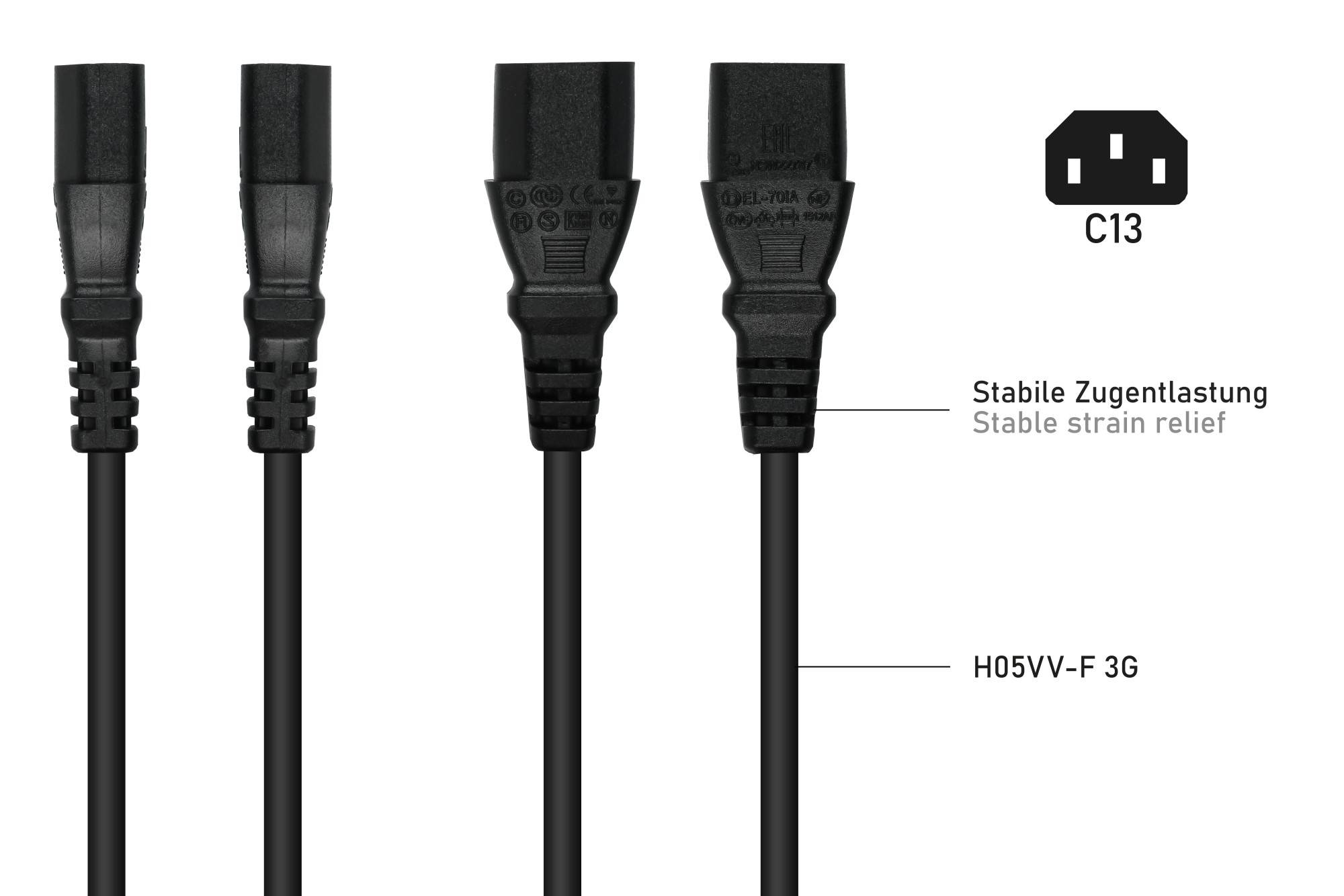 kabelmeister® Y-Kaltgeräteverlängerung Kaltgeräte-Stecker C14 an 2x Kaltgeräte-Buchse C13, schwarz, 0,3m
