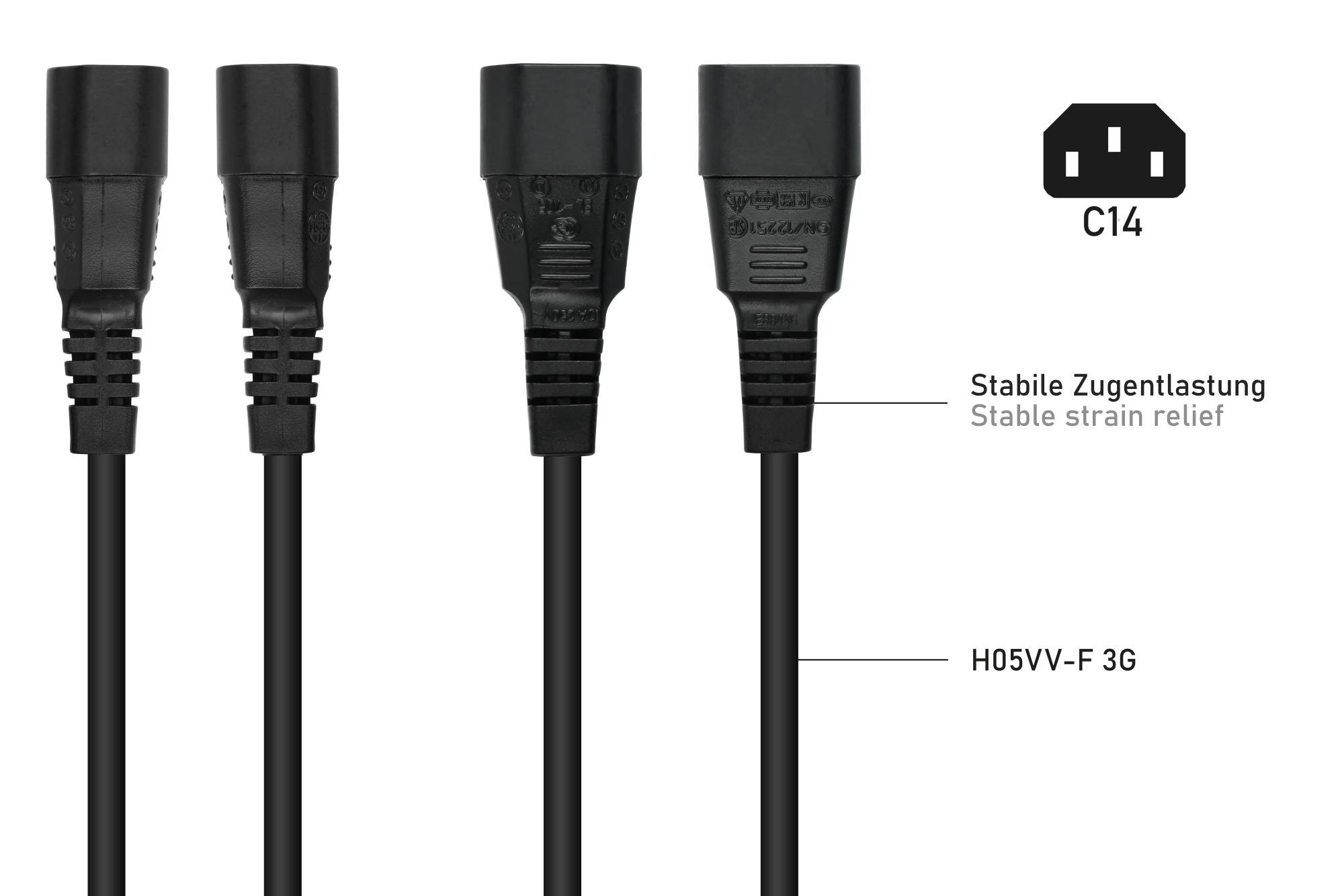 kabelmeister® Y-Kaltgeräteverlängerung Kaltgeräte-Stecker C14 an 2x Kaltgeräte-Buchse C13, schwarz, 2m