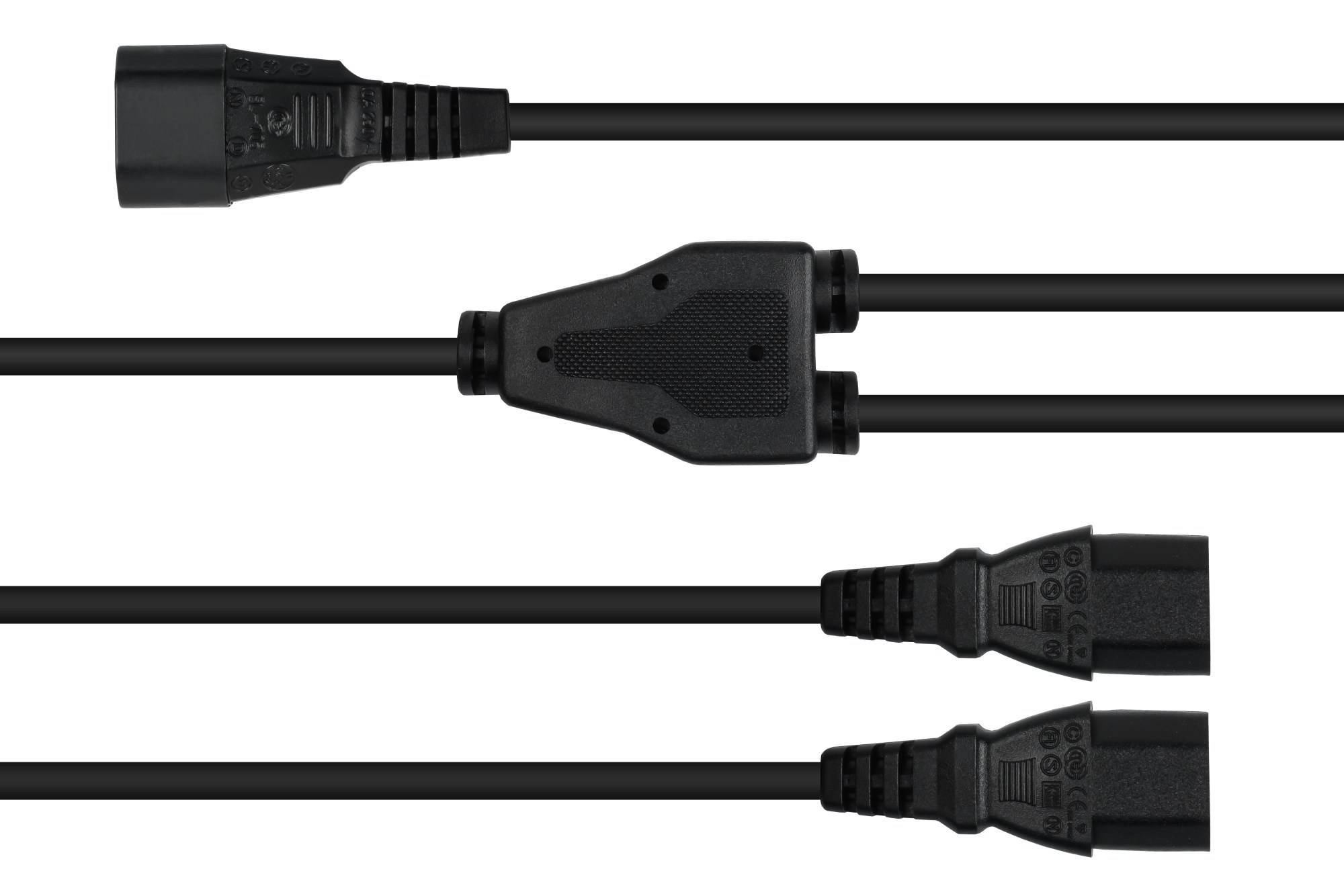 kabelmeister® Y-Kaltgeräteverlängerung Kaltgeräte-Stecker C14 an 2x Kaltgeräte-Buchse C13, schwarz, 2m