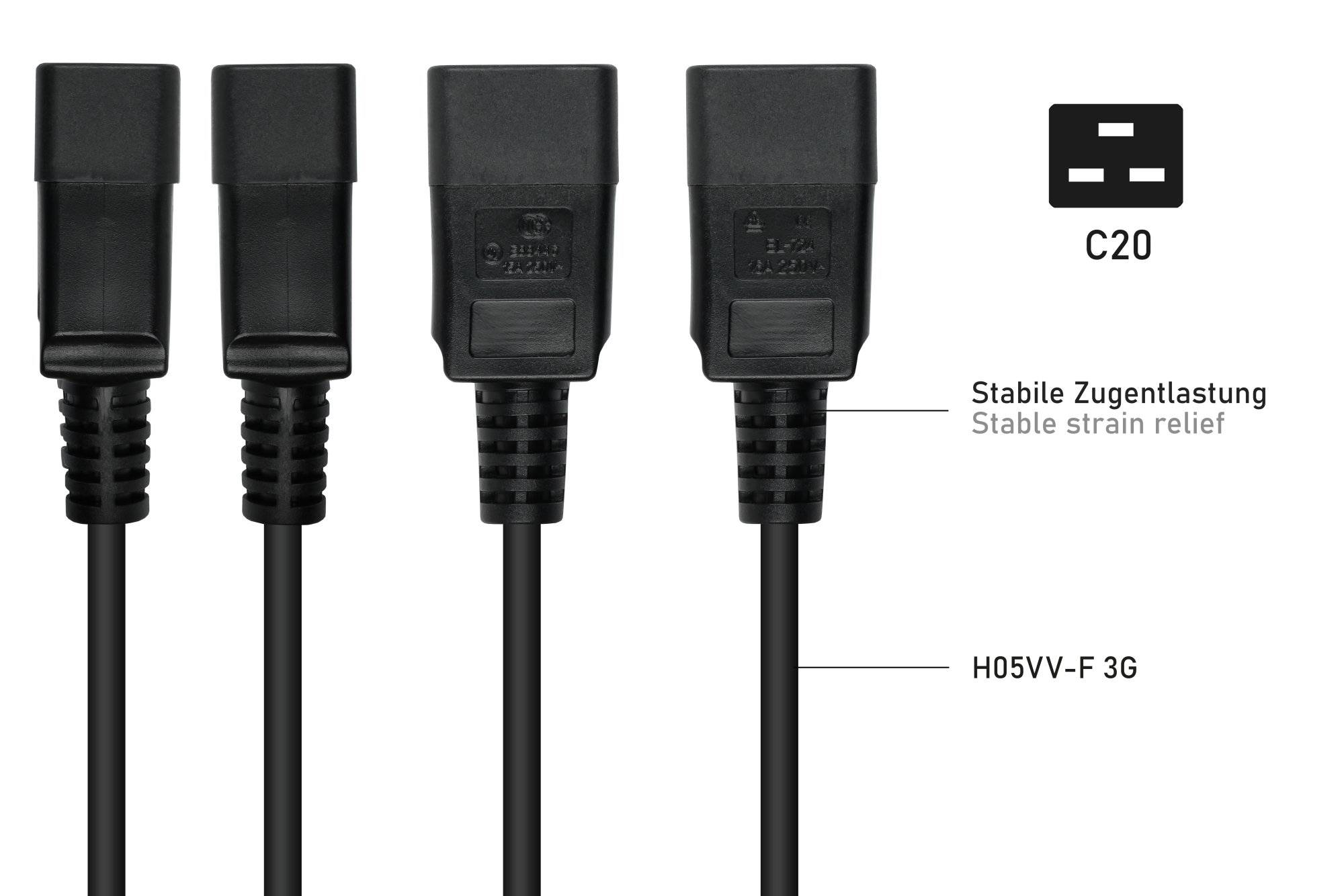 kabelmeister® Kaltgeräteverlängerung Kaltgeräte-Stecker C20 an Kaltgeräte-Buchse C13, schwarz, 1,00mm², 5m