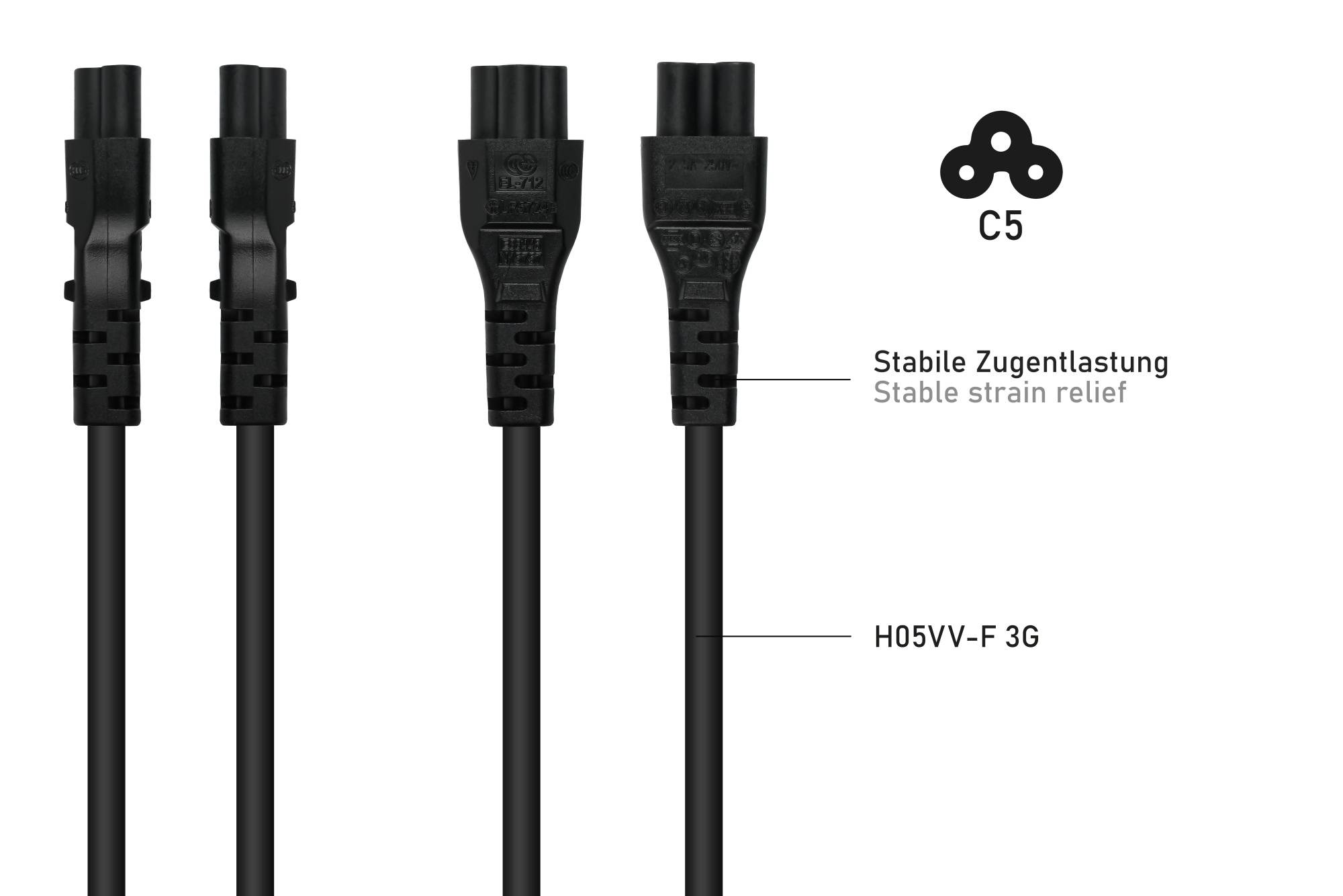 kabelmeister® Netzkabel Italien Netz-Stecker Typ I (CEI 23-16) an Kleeblatt-Buchse C5, schwarz, 0,75mm², 1,8m