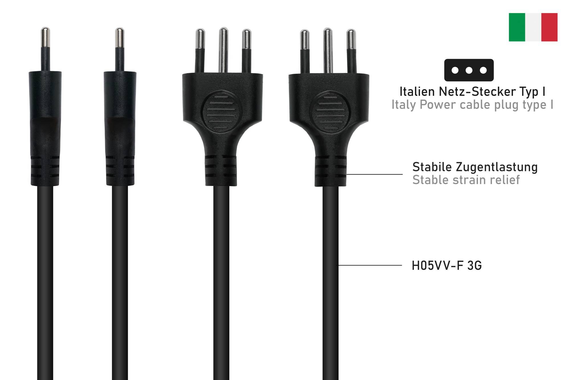 kabelmeister® Netzkabel Italien Netz-Stecker Typ I (CEI 23-16) an Kaltgeräte-Buchse C13, schwarz, 0,75mm², 1,8m