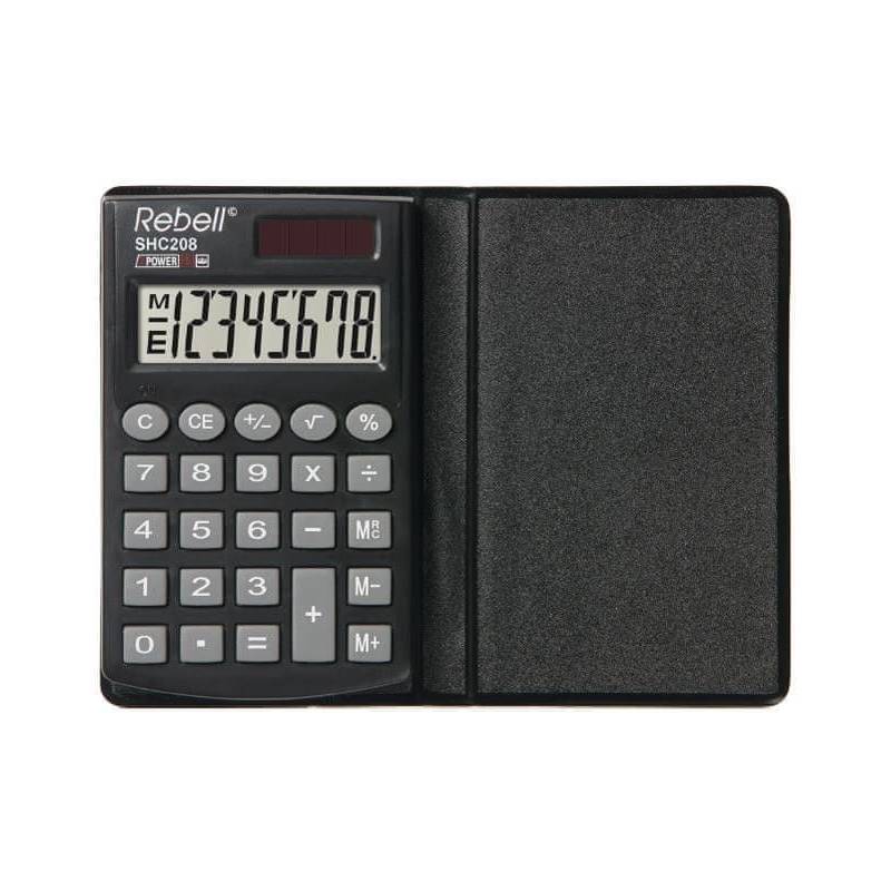 Ein kleiner, solarbetriebener Taschenrechner mit Klappdeckel, auf dessen Display die Zahlen '12345678' angezeigt werden.