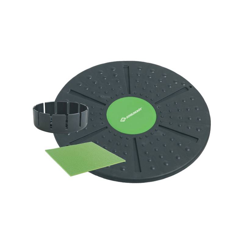 Ein rundes Balancebrett mit einem grünen Zentrum, strukturierter Oberfläche und einem verstellbaren kreisförmigen Widerstandsband, das für Übungen und Stabilitätstraining verwendet wird.
