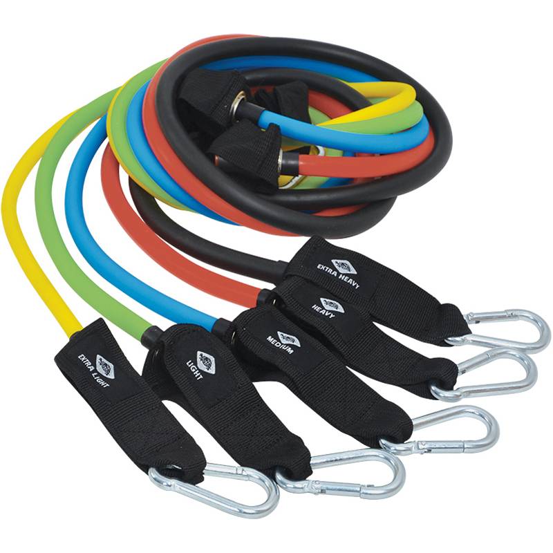 Fünf Widerstandsbänder in verschiedenen Farben und Stärken, jeweils mit einem Karabiner und beschriftet: 'Extra Stark', 'Stark', 'Mittel', 'Leicht', 'Extra Leicht'.