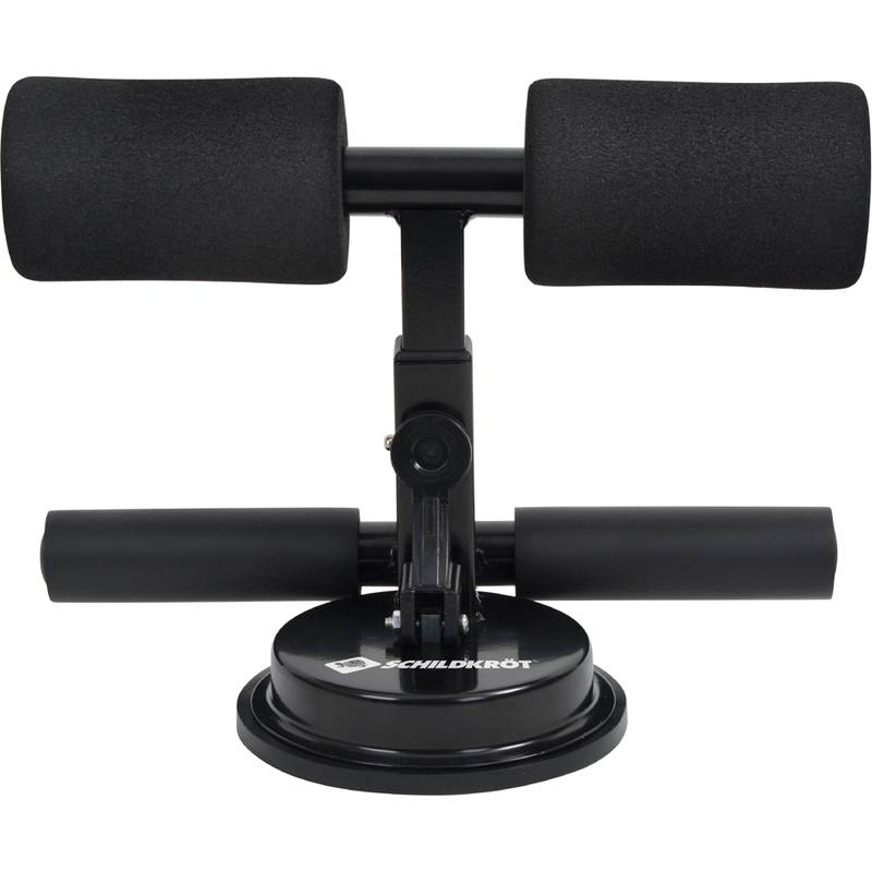 Eine schwarze Saugnapf-Sit-Up Trainingsvorrichtung mit schaumgepolsterten Stützen, entwickelt zur Verwendung auf glatten Oberflächen, um bei Bauchmuskelübungen zu unterstützen.