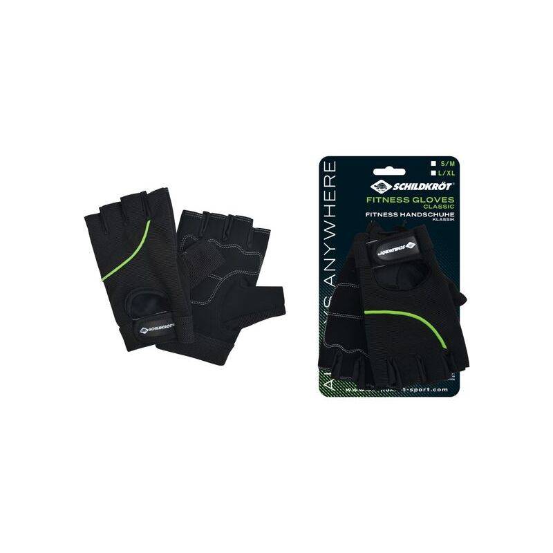 Ein Paar schwarzer Fitnesshandschuhe mit grünen Akzenten, dargestellt neben einer Verpackung, die mit 