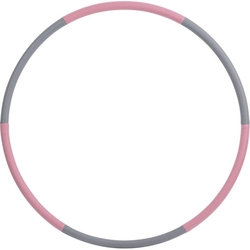 Ein rosa und grauer Fitness-Hula-Hoop, entwickelt zum Trainieren, der in einer kreisförmigen Form auf einem einfarbigen Hintergrund präsentiert wird.