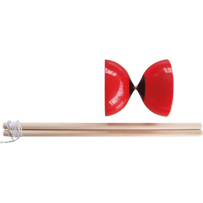 Ein roter Diabolo-Spielzeug mit Holzstäben und Schnur, verwendet zum Vorführen von Tricks und Jonglieren.