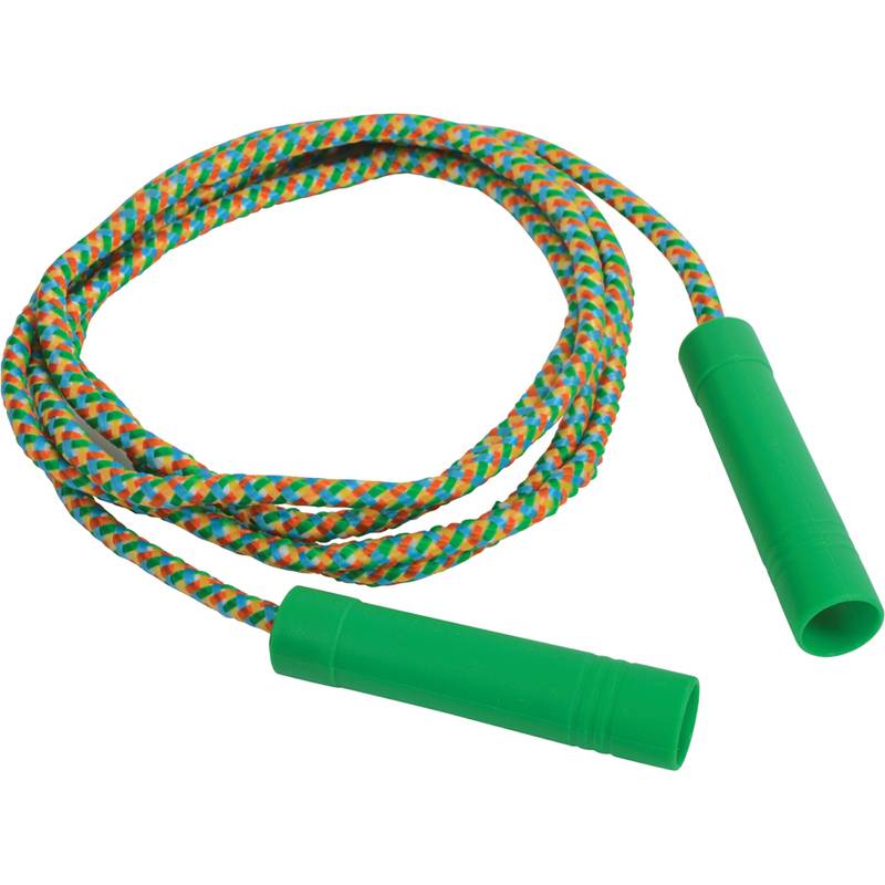 Ein buntes Springseil mit grünen Griffen, auf einem weißen Hintergrund aufgerollt.