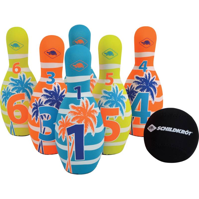 Buntes Bowling-Set mit sechs nummerierten Pins, die jeweils Palmenbaum-Grafiken aufweisen. Ein strukturierter schwarzer Bowlingball ist enthalten.