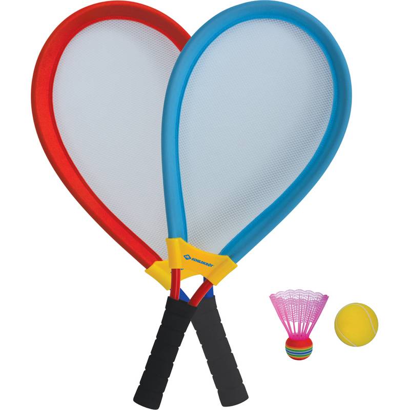 Zwei farbenfroh gemusterte Tennisschläger, einer in Rot und einer in Blau, diagonal gekreuzt, mit einem gelben Ball und einem pinken Federball an der Seite.