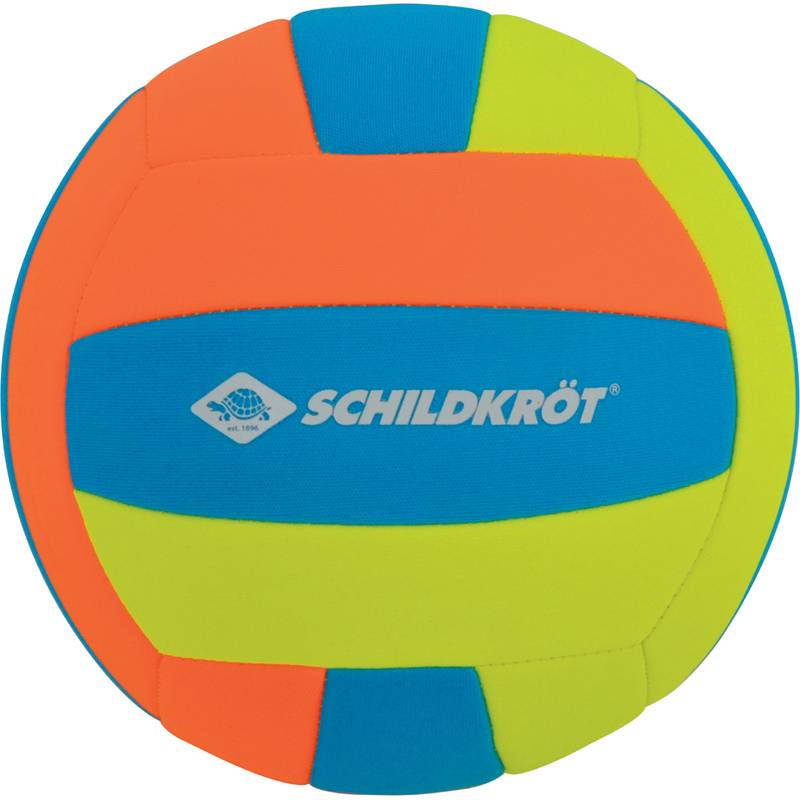 Ein farbenfroher Schildkröt-Volleyball mit orange-, blauen- und gelben Segmenten, der das Schildkröt-Logo in Weiß auf dem blauen Segment trägt.
