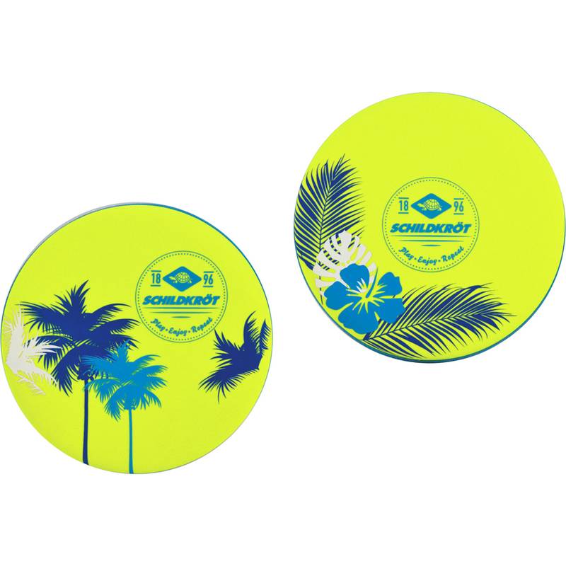 Zwei neongelbe runde Strand-Paddel mit blauen Palmenbaum- und Blattdesigns; jedes trägt das Wort 'Schildkröt' und 'Tropic Design Print'.