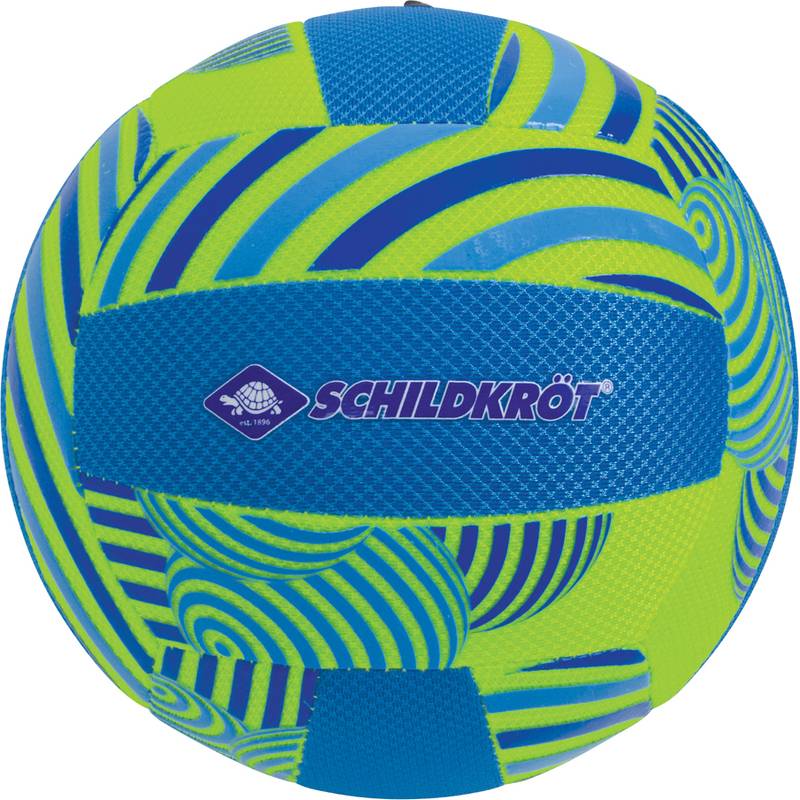 Ein lebendiger blau-grüner Volleyball mit wirbelnden Mustern, auf dem das 'SCHILDKRÖT' Logo prominent in der Mitte prangt.