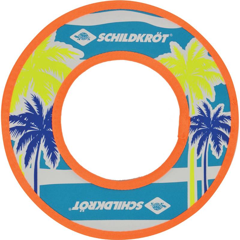 Ein kreisförmiges Wasserspielzeug mit Palmengrafikdesign und dem Wort 'Schildkröt', das darüber gedruckt ist. Der Rand ist in einem leuchtend orangefarbenen Ton für bessere Sichtbarkeit gestaltet.