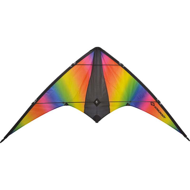 Ein bunter Drachen mit einem Regenbogen-Farbverlaufsdesign und schwarzen Kanten. Das Markenlogo und der Markenname erscheinen auf der unteren rechten Flügelspitze.