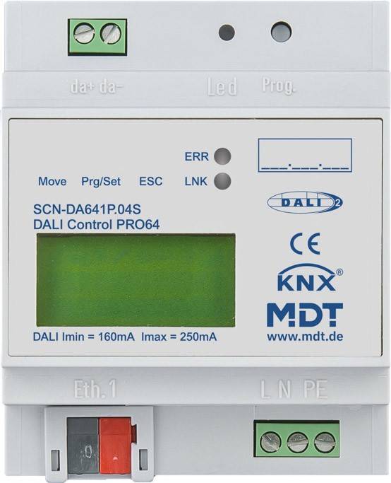 KNX DALI Control PRO64' - ein Steuergerät mit digitalem Bildschirm und mehreren Eingabetasten zur Steuerung von Beleuchtungssystemen.