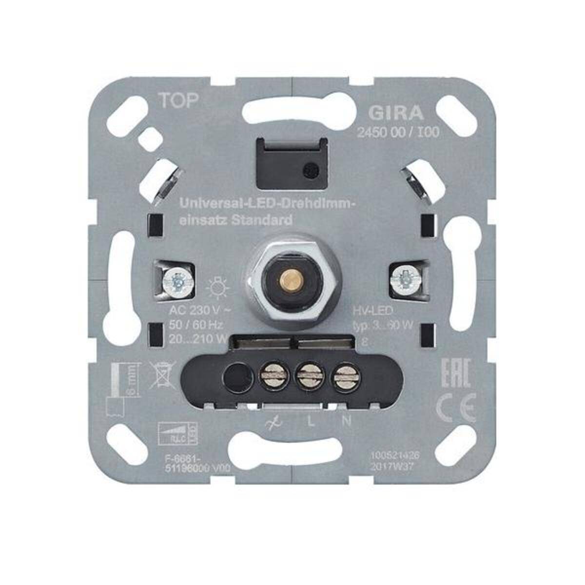 Gira Universal-LED-Dimmereinsatzmodul, Vorderansicht, mit beschrifteten Anschlüssen, Montageplatte und Einstellknopf.