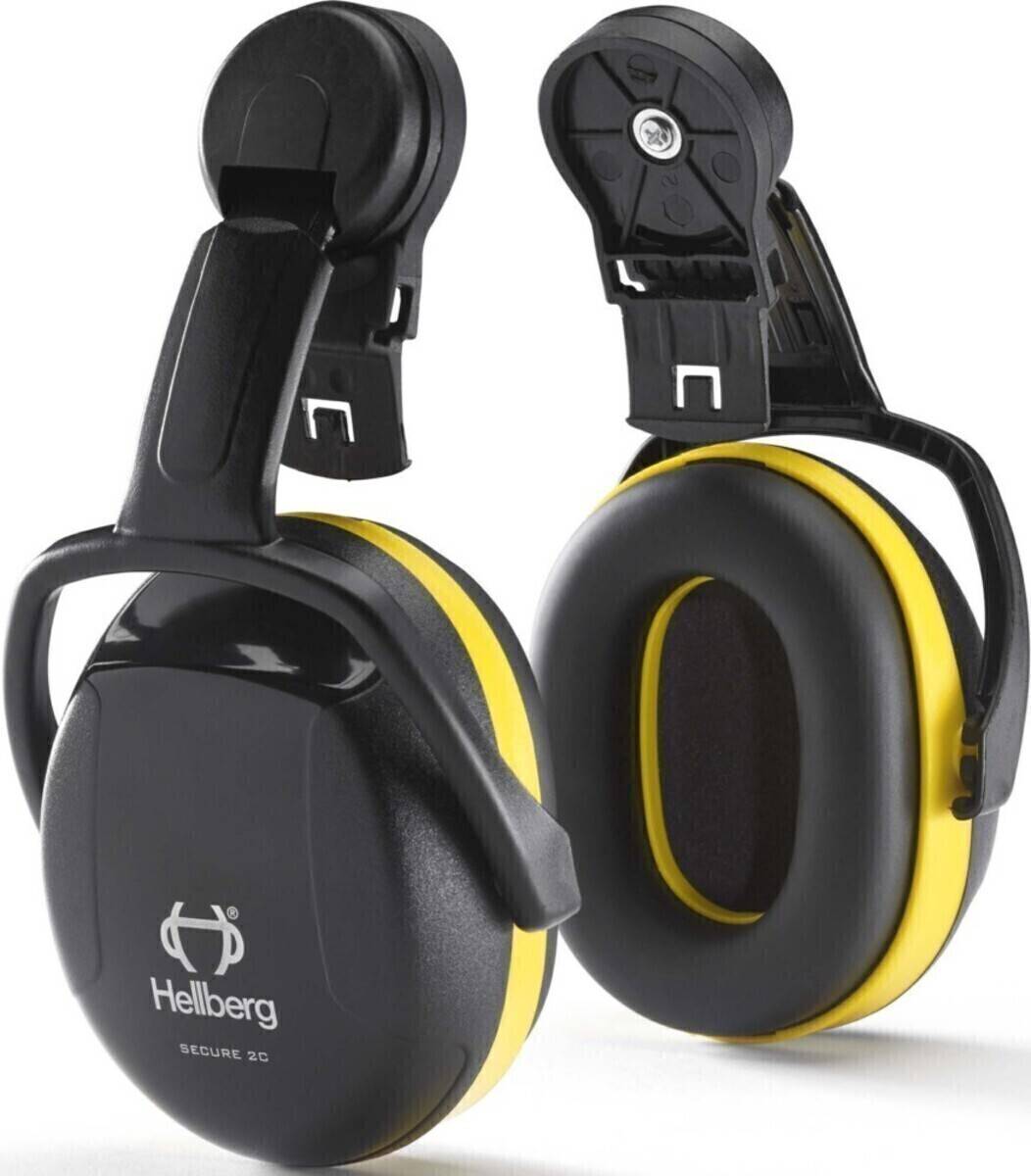 Schwarze und gelbe Noise-Canceling-Gehörschützer mit verstellbarem Kopfbügel und 'Hellberg Secure 2C'-Branding.