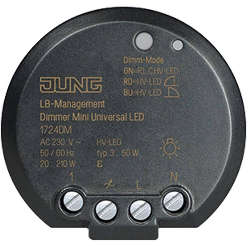 Rundes JUNG LB-Management Dimmer Mini Universalmodul für LED mit vier Schraubklemmen und gedruckten Verdrahtungsspezifikationen.