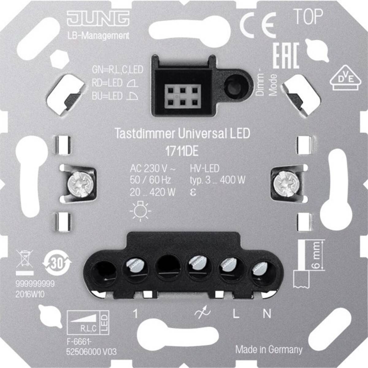 Frontansicht eines JUNG Universal-LED-Dimmmoduls mit der Bezeichnung 