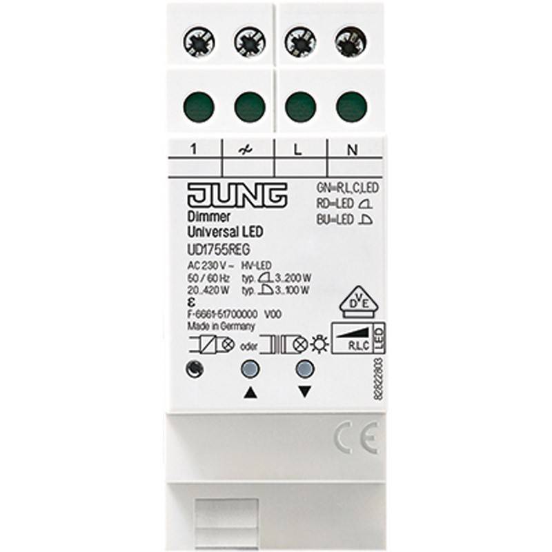 Weißes JUNG Universal LED-Dimmmodul mit Klemmenbezeichnungen, Anzeigelampen und aufgedruckten elektrischen Spezifikationen.