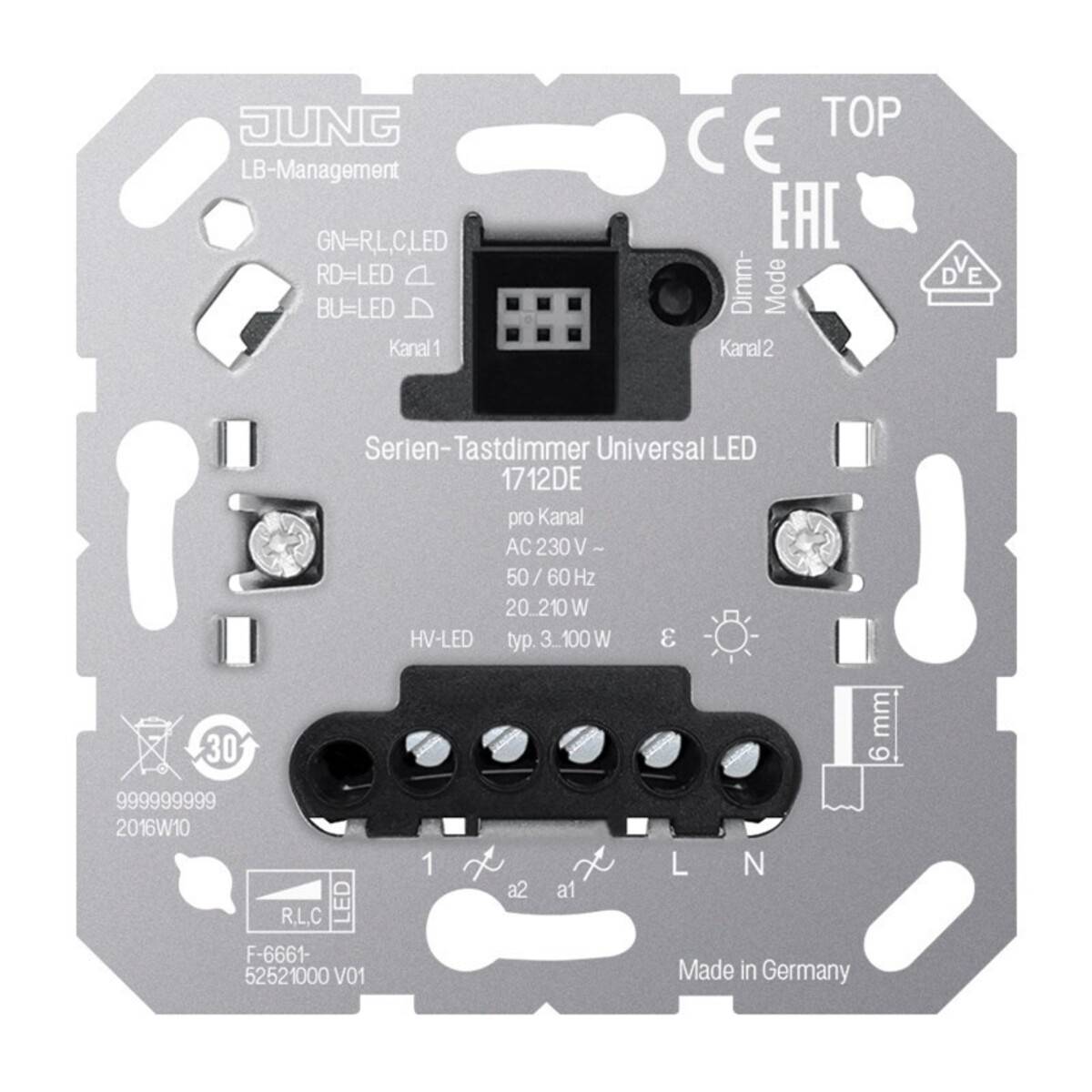 Ein an der Wand montiertes JUNG Universal-LED-Dimmmodul mit beschrifteten Anschlüssen und technischen Markierungen auf einer grauen Metallplatte.