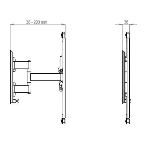 Technische Zeichnung einer wandmontierten verstellbaren Halterung, die Seiten- und Frontansichten mit einem Breitenbereich von 38–293 mm und einer Tiefe von 38 mm zeigt.
