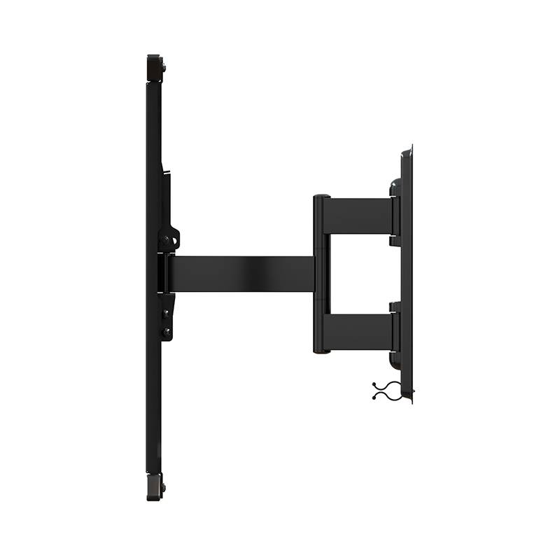 Schwarze verstellbare Wandhalterung mit horizontalem Arm, der sich von einer vertikalen Stütze erstreckt, auf weißem Hintergrund gezeigt.