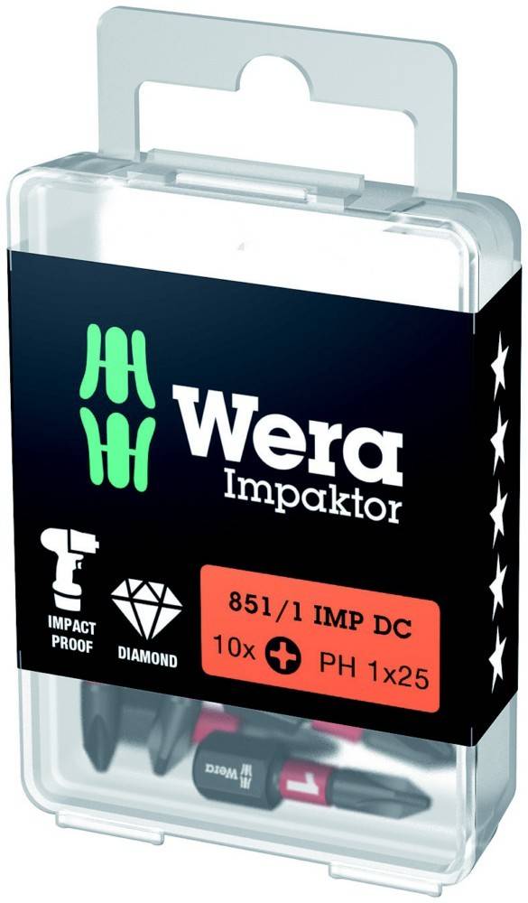 Wera Impaktor Bit-Set in einer transparenten Kunststoffbox, mit der Bezeichnung „851/1 IMP DC 10x PH 1x25