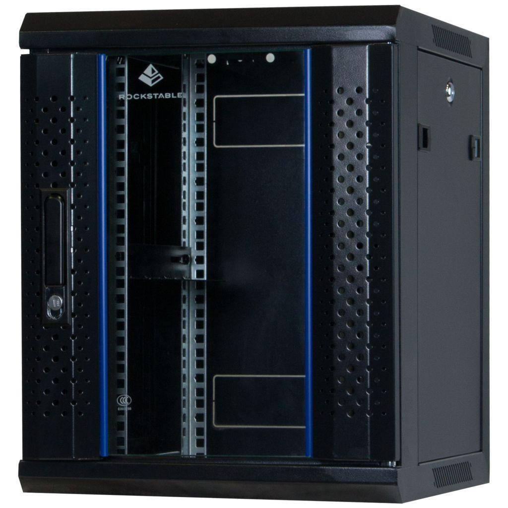 Rockstable 9HE Netzwerkschrank, Serverschrank - 10 Zoll Wandmontage - (BxTxH) 370x450x503mm mit Glastür - Schwarz - Abschließbar - Vormontiert - Tra