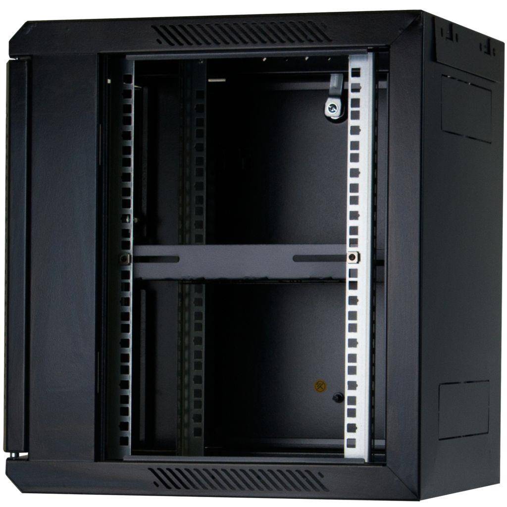 Rockstable 9HE Netzwerkschrank, Serverschrank - 10 Zoll Wandmontage - (BxTxH) 370x450x503mm mit Glastür - Schwarz - Abschließbar - Vormontiert - Tra