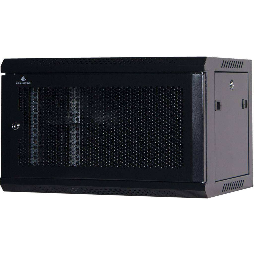Rockstable 6HE Netzwerkschrank, Serverschrank - 19 Zoll Wandmontage - (BxTxH) 600x440x370mm mit perforierter Tür - Schwarz - Abschließbar - Vormonti