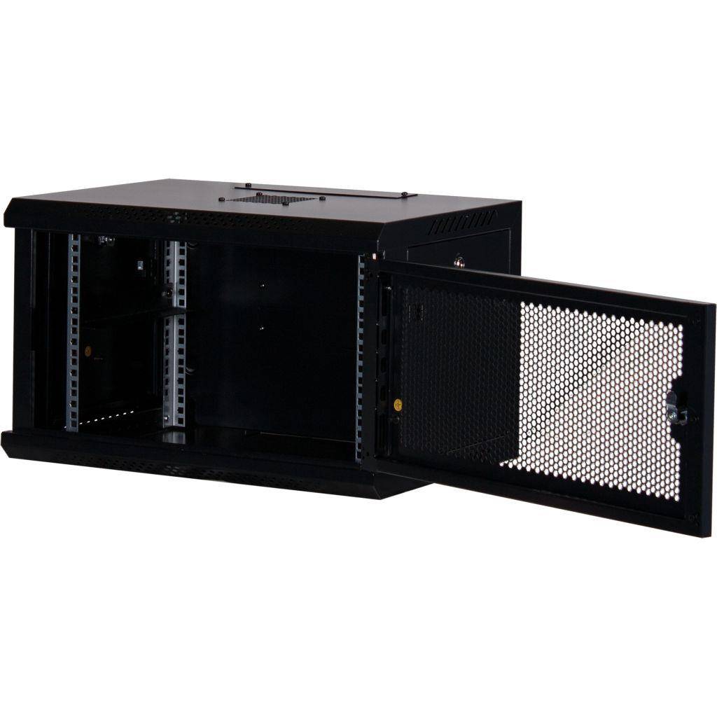 Rockstable 6HE Netzwerkschrank, Serverschrank - 19 Zoll Wandmontage - (BxTxH) 600x440x370mm mit perforierter Tür - Schwarz - Abschließbar - Vormonti