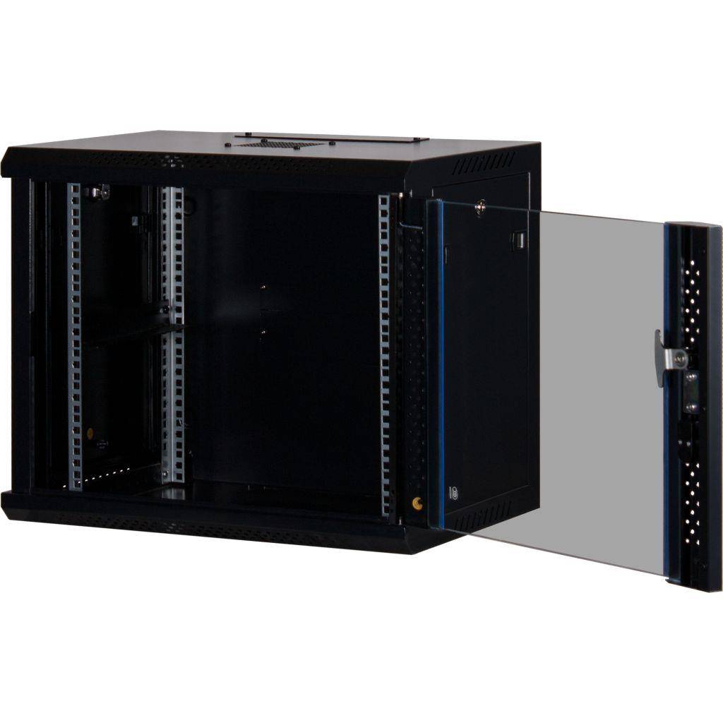 Rockstable 9HE Netzwerkschrank, Serverschrank - 19 Zoll Wandmontage - (BxTxH) 600x440x503mm mit Glastür - Schwarz - Abschließbar - Vormontiert - Tra