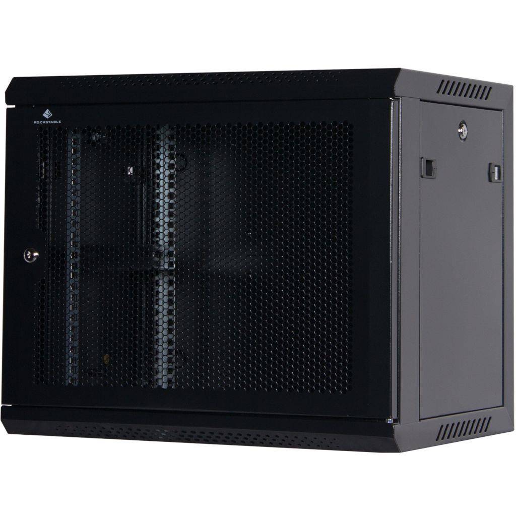 Rockstable 9HE Netzwerkschrank, Serverschrank - 19 Zoll Wandmontage - (BxTxH) 600x440x503mm mit perforierter Tür - Schwarz - Abschließbar - Vormonti