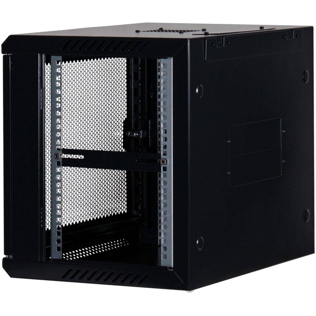 Rockstable 9HE Netzwerkschrank, Serverschrank - 19 Zoll Wandmontage - (BxTxH) 600x440x503mm mit perforierter Tür - Schwarz - Abschließbar - Vormonti