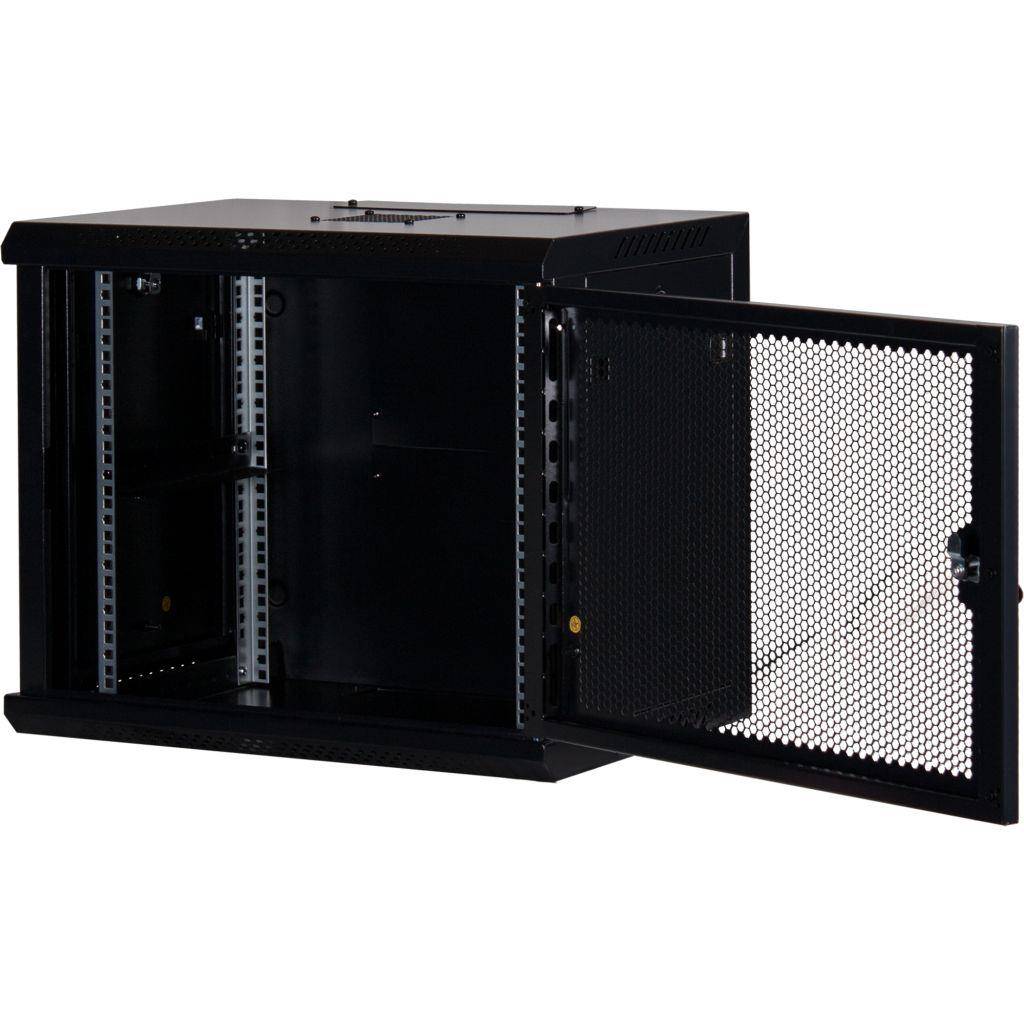 Rockstable 9HE Netzwerkschrank, Serverschrank - 19 Zoll Wandmontage - (BxTxH) 600x440x503mm mit perforierter Tür - Schwarz - Abschließbar - Vormonti