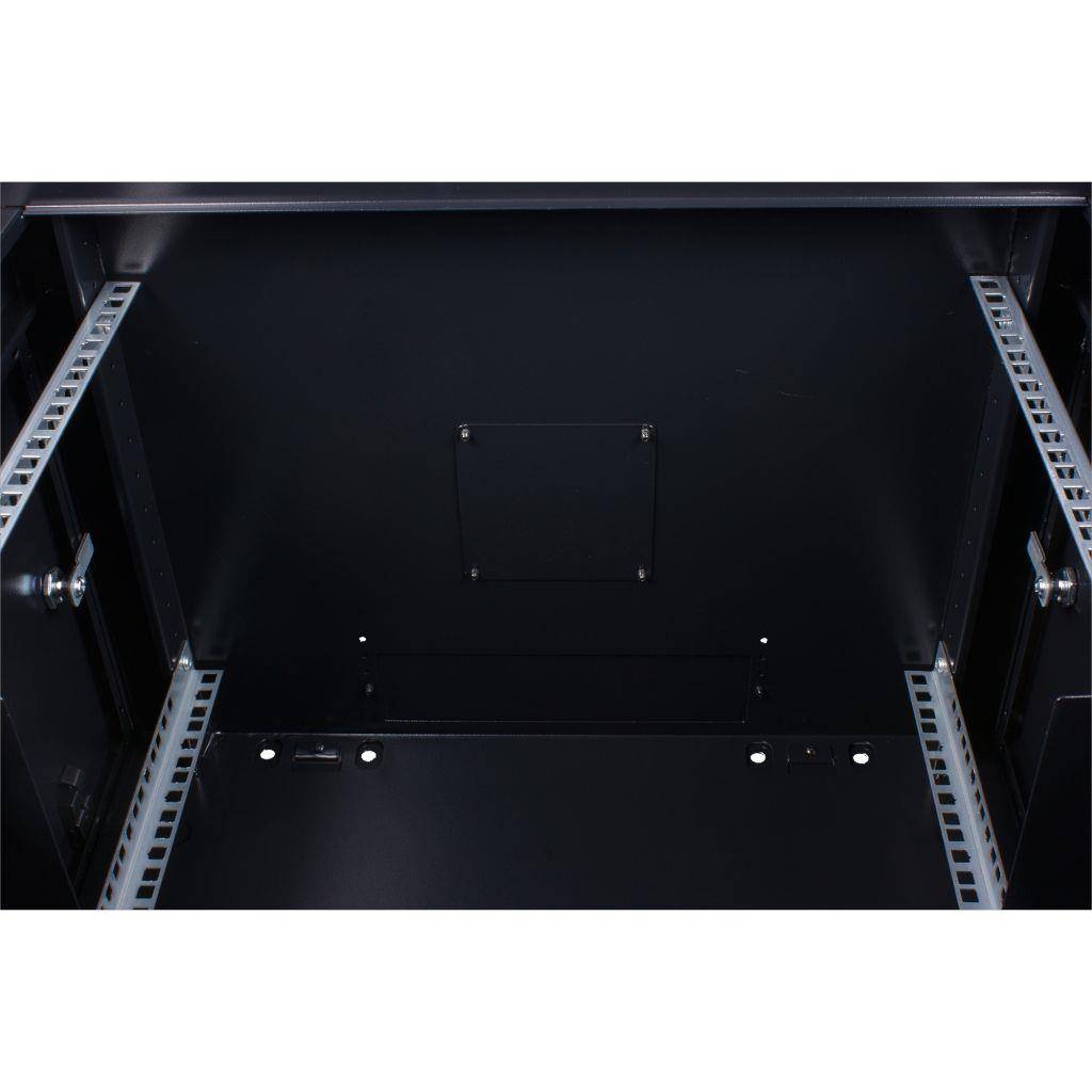 Rockstable 9HE Netzwerkschrank, Serverschrank - 19 Zoll Wandmontage - (BxTxH) 600x440x503mm mit Glastür - Schwarz - Abschließbar - Vormontiert - Tra